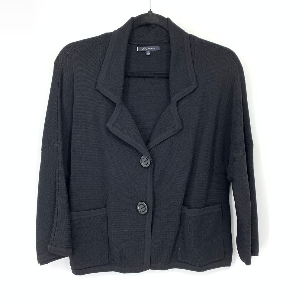 AK Anne Klein Cropped Knit Blazer Jacket Womens Sz Medium Black Two Button
